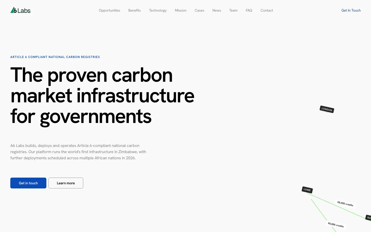 The A6 Labs home page, with the headline "The proven carbon market infrastructure for governments"