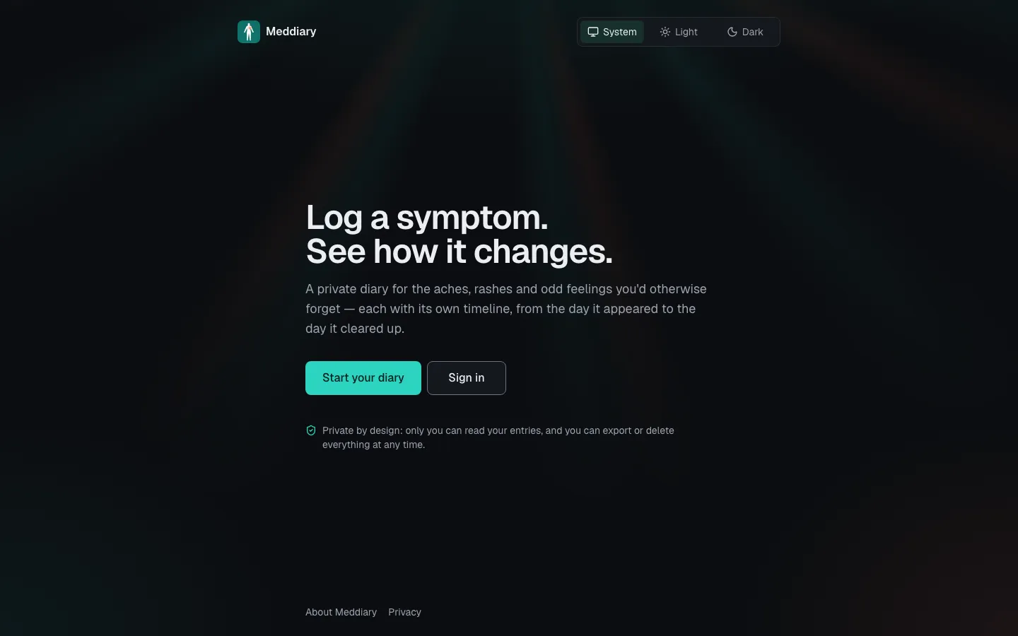 The Meddiary home page, with the headline "Log a symptom. See how it changes." and buttons to start a diary or sign in