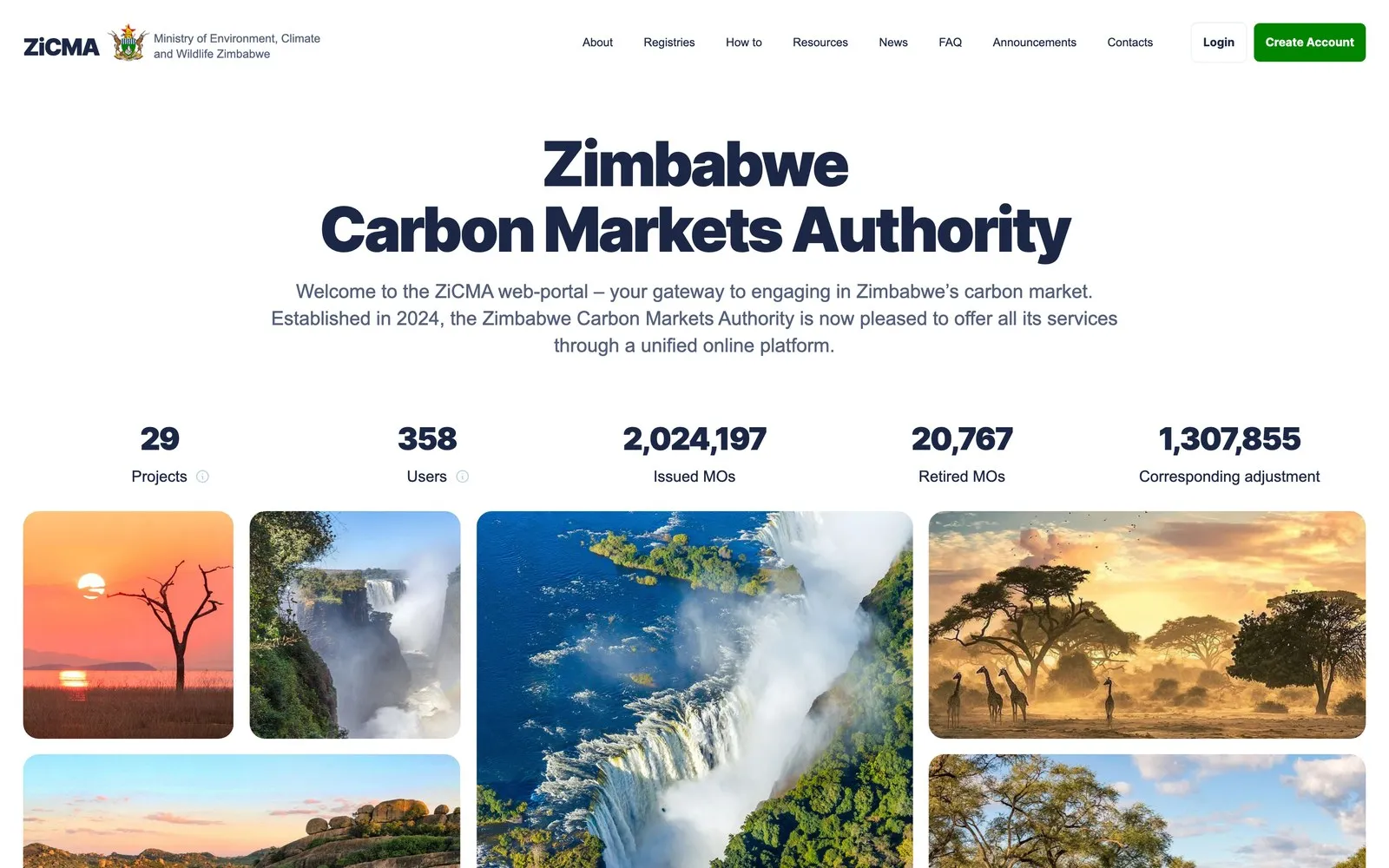 The Zimbabwe Carbon Markets Authority portal's home page, with registry statistics above a grid of Zimbabwean landscapes